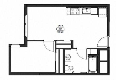 Floor plan for 1 bed, 1 bath, 482 sqft